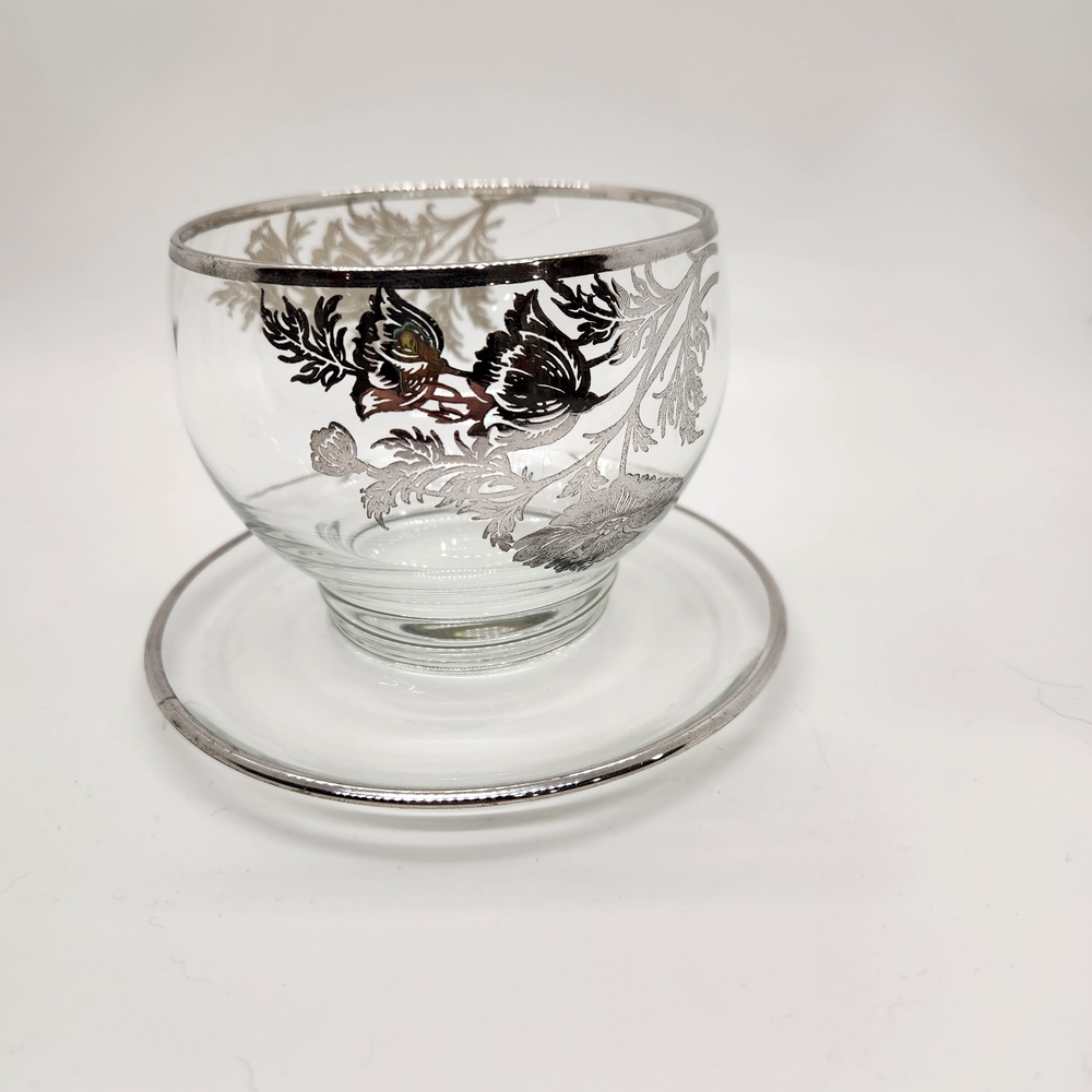 Elegant Silver Floral Glass Teacup and Saucer